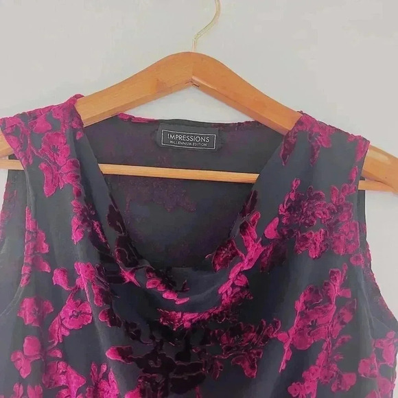 Vintage 90s Impressions Black Burgundy Velvet Floral Cowl Neck Tank Size M - Picture 2 of 4